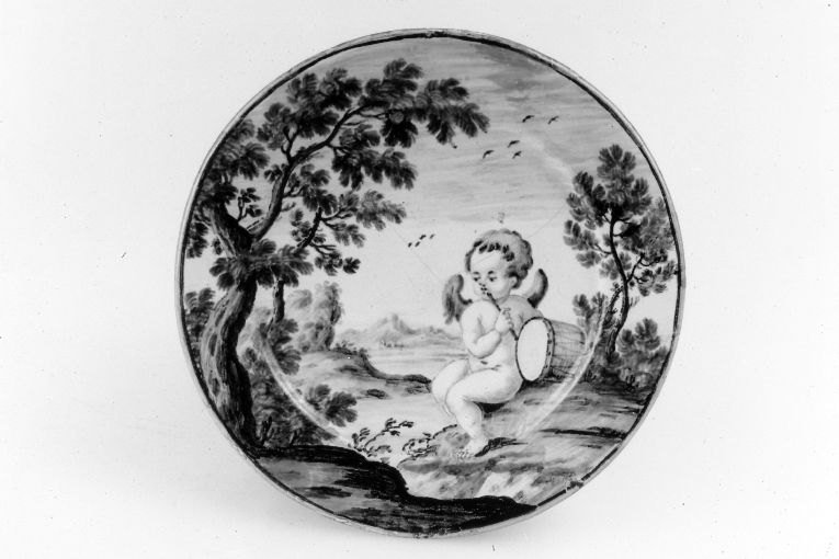 Paesaggio con amorino musico (piatto) - bottega di Castelli (seconda metà sec. XVII)