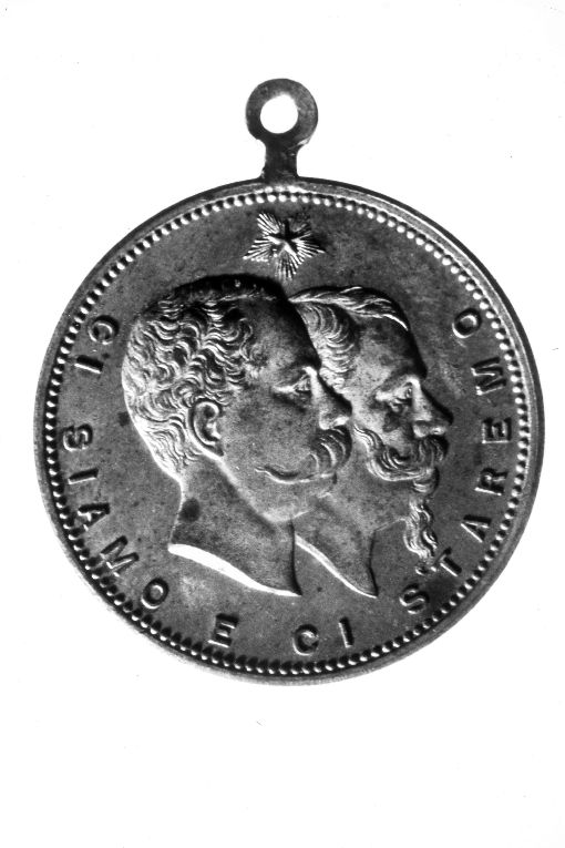 ritratti di Vittorio Emanuele II e Umberto I, re d'Italia/ veduta di Porta Pia (medaglia) - ambito italiano (sec. XIX)