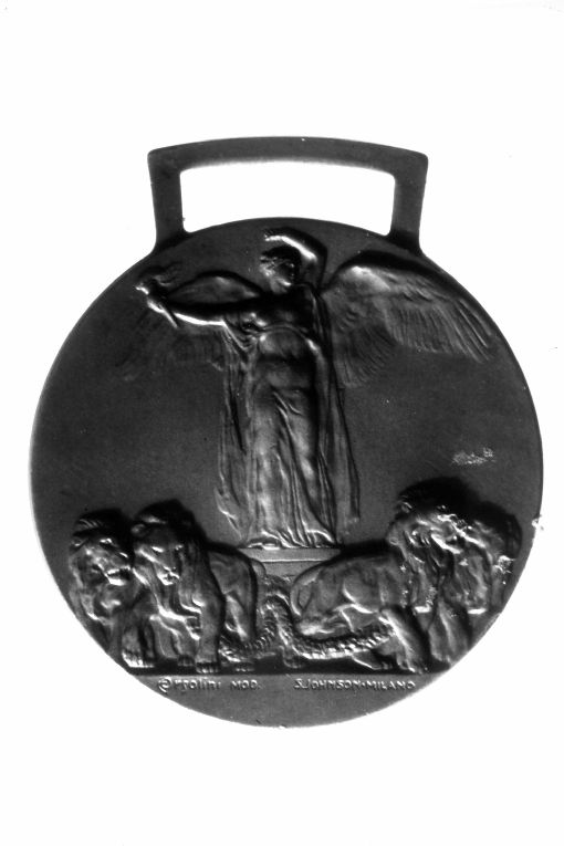 Vittoria alata su carro tirato da leoni/ tripode con colombe della pace (medaglia) di Johnson Stefano, Orsolini C (sec. XX)