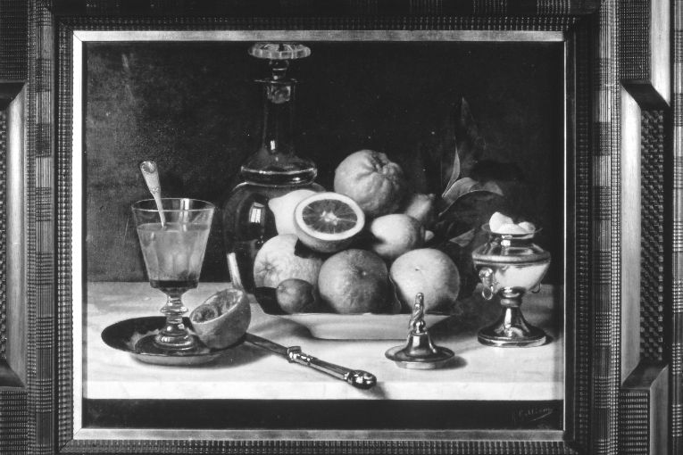 "Un'aranciata", natura morta con agrumi e bicchiere di aranciata (dipinto) di Gabbiani Giuseppe (secc. XIX/ XX)