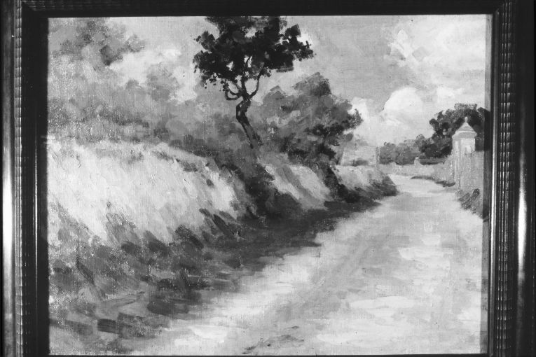 Strada di campagna con portale di accesso in masseria, paesaggio rurale (dipinto) di De Stefano Vincenzo (secc. XIX/ XX)