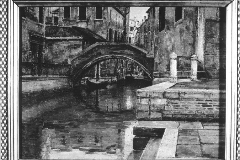 Veduta di un canale veneziano con ponte, veduta di città (dipinto) di Girondi Raffaele (secc. XIX/ XX)