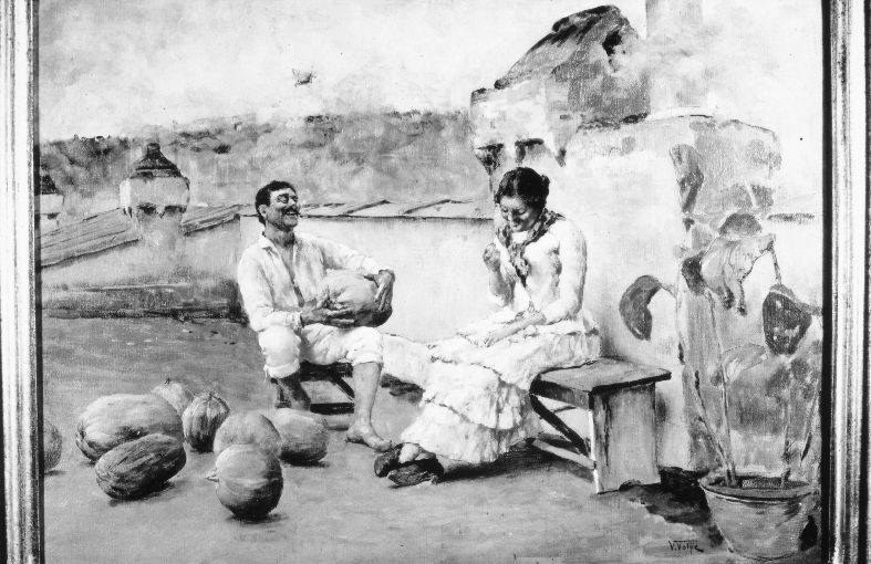 Idillio d'amore, Figura di uomo e di donna seduti su un terrazzo tra zucche (dipinto) di Volpe Vincenzo (secc. XIX/ XX)