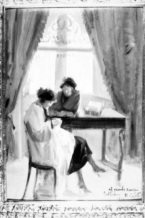 Nello studio (Modelle), Figure di donne sedute intorno ad un tavolo (dipinto) di Ciletti Nicola (sec. XX)