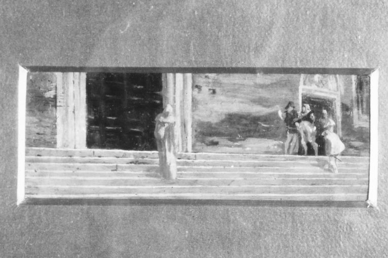 Figura incappucciata che scende le scale di una chiesa, figure in costume (dipinto) di Girondi Raffaele (secc. XIX/ XX)