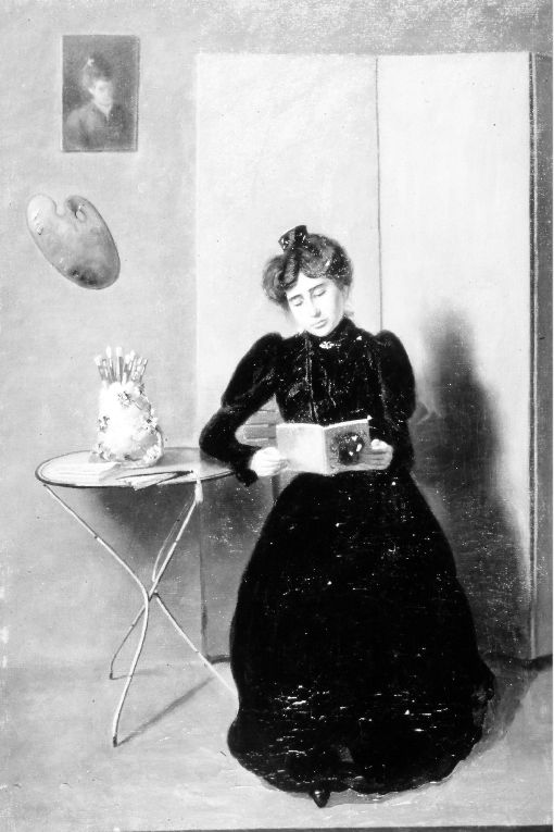 Nello studio, Figura di donna che legge (dipinto) di Gabbiani Giuseppe (sec. XIX)