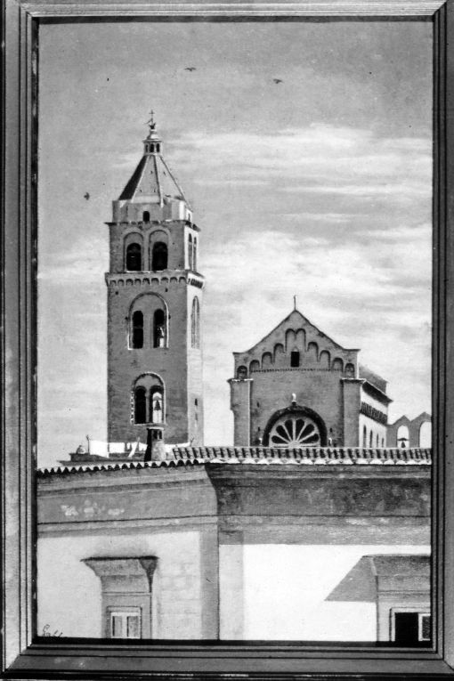Veduta dall'esterno della zona superiore della Cattedrale di Barletta, architettura (dipinto) di Gabbiani Giuseppe (sec. XIX)