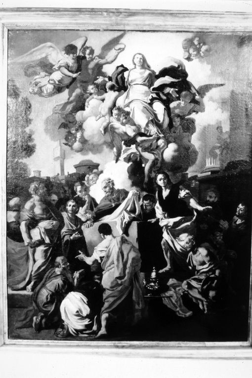 Assunta, Assunzione della Vergine con angeli, Apostoli e edificio classico (dipinto) di Solimena Francesco detto Abate Ciccio (attribuito) (secc. XVII/ XVIII)