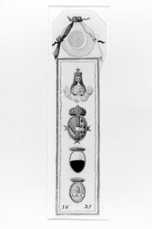 Madonna Incoronata e tre armi gentilizie non identificate (dipinto) - ambito toscano (sec. XIX)