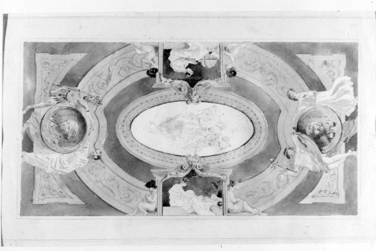 Soffitto di salone con figure simboliche e ritratti di Cristoforo Colombo e Alessandro Volta (dipinto) di Girondi Raffaele (inizio sec. XX)