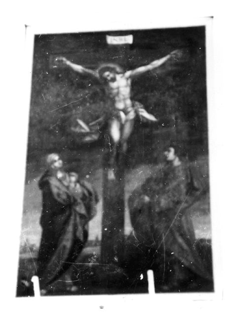 crocifissione di Cristo con la Madonna e San Giovanni Evangelista (dipinto) - ambito bitontino (sec. XVII)