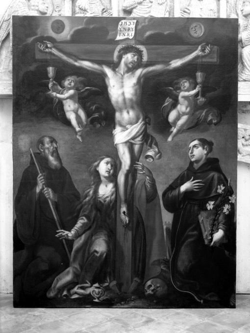 crocifissione di Cristo con Sant'Antonio e San Francesco di Paola (dipinto) di Gliri Nicola (sec. XVII)