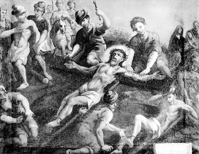 stazione XI: Gesù inchiodato alla croce (dipinto) di Palmulli (sec. XVIII)