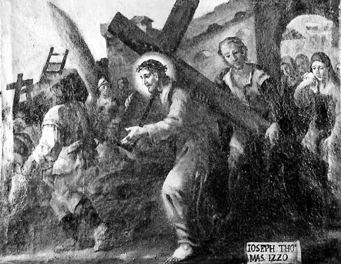 stazione V: Gesù aiutato da Simone il Cireneo a portare la croce (dipinto) di Palmulli (sec. XVIII)