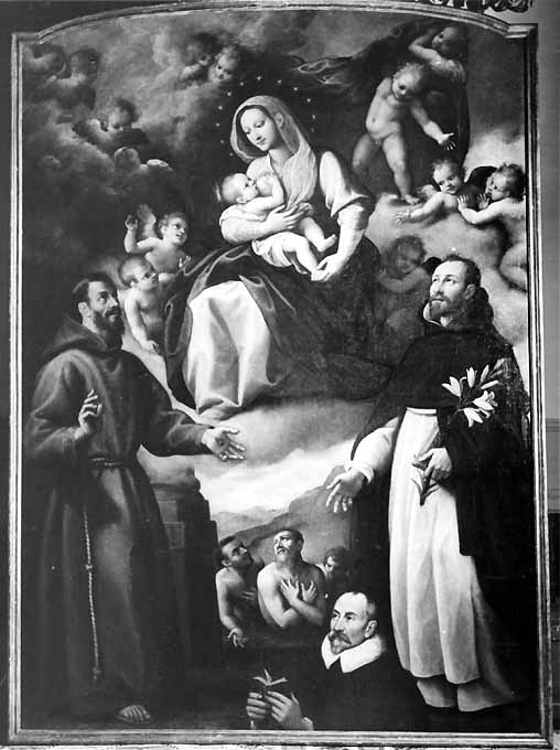Madonna del Suffragio, Madonna con Bambino, San Francesco, San Domenico, anime del Purgatorio e committente (dipinto) di Santafede Fabrizio (fine sec. XVI)
