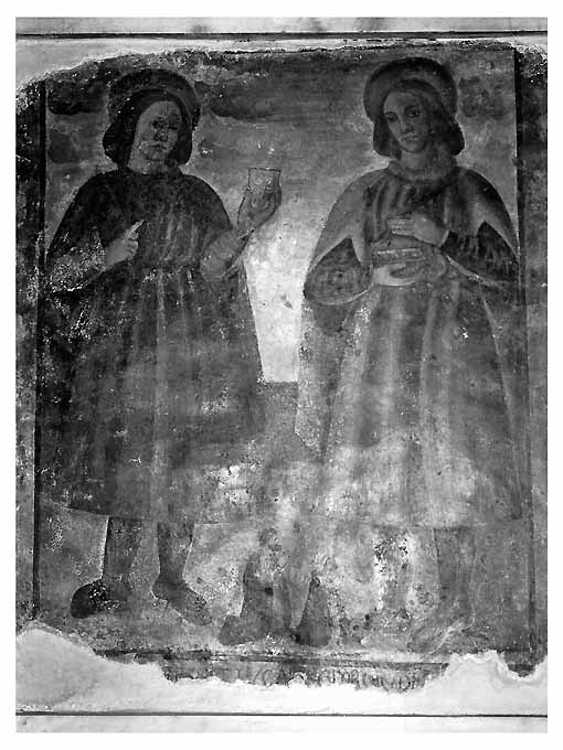 Santi Cosma e Damiano e committenti (dipinto, opera isolata) di De Georgio Luca (prima metà sec. XVI)