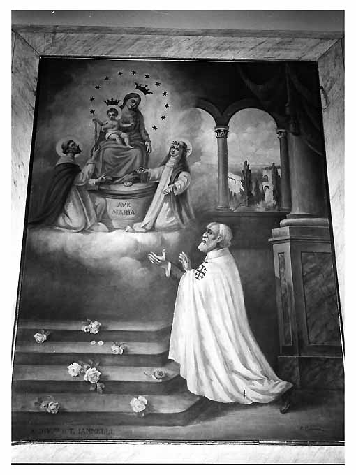 Madonna del Rosario con San Domenico e Santa Caterina da Siena e Cavaliere di Malta (dipinto, opera isolata) di Colonna F. da Monteroni (sec. XX)