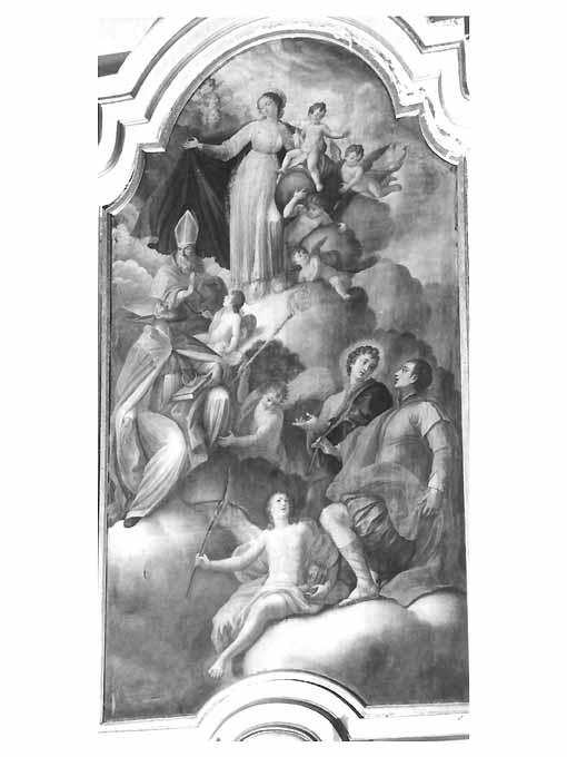 Madonna con Bambino, Madonna con Bambino, Santi Martiri e Santi Vescovi (dipinto) di Velpi Aldisius (sec. XVIII)