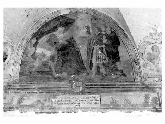 San Francesco da Paola accolto da un monarca (dipinto) di Bernardino Greco Copertinese (secc. XVII/ XVIII, sec. XVIII)