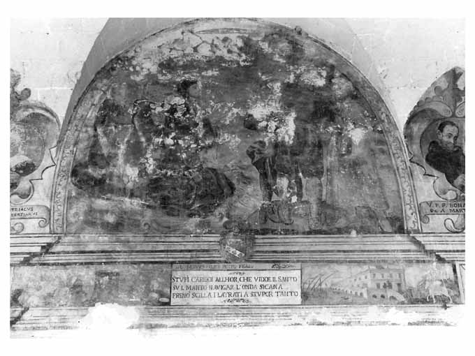 San Francesco di Paola attraversa lo stretto di Messina sul suo mantello (dipinto) di Bernardino Greco Copertinese (secc. XVII/ XVIII, sec. XVIII)