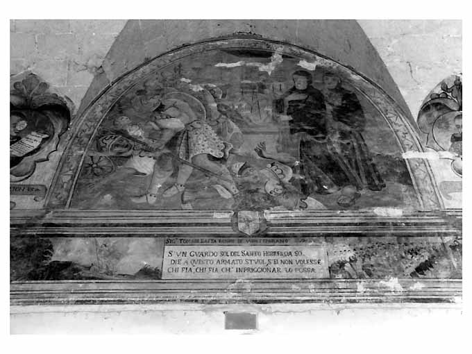 San Francesco di Paola ed i soldati inviati per catturarlo, San Michele Arcangelo schiaccia il demonio, San Francesco di Paola predica ai religiosi (dipinto) di Bernardino Greco Copertinese (secc. XVII/ XVIII, sec. XVIII)