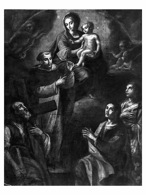 Madonna del Rosario con i santi Domenico, Andrea, Vito e santa martire (dipinto) di Bianchi Diego Oronzo (prima metà sec. XVIII)