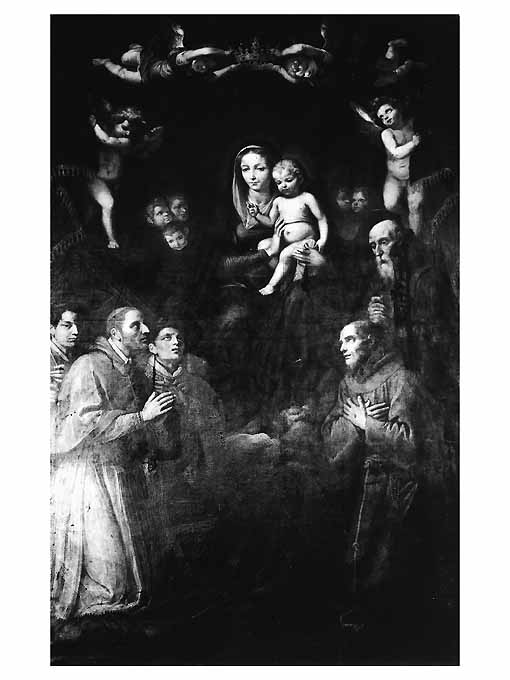 Madonna con il Bambino e i Santi Carlo Borromeo, Lorenzo martire, Francesco d'Assisi, Benedetto da Norcia (dipinto) di Azzolino Giovanni Bernardino (sec. XVII)