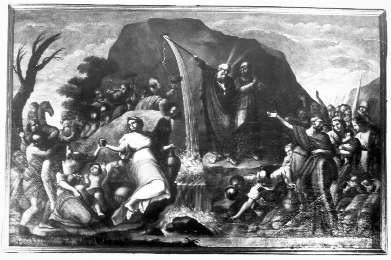Mosè fa scaturire l'acqua dalla roccia (dipinto) di Tatulli Samuele (sec. XIX)
