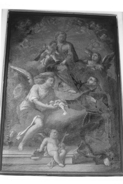 Madonna con Bambino in gloria con San Francesco d'Assisi e la Carità (dipinto) di Tatulli Samuele (sec. XIX)