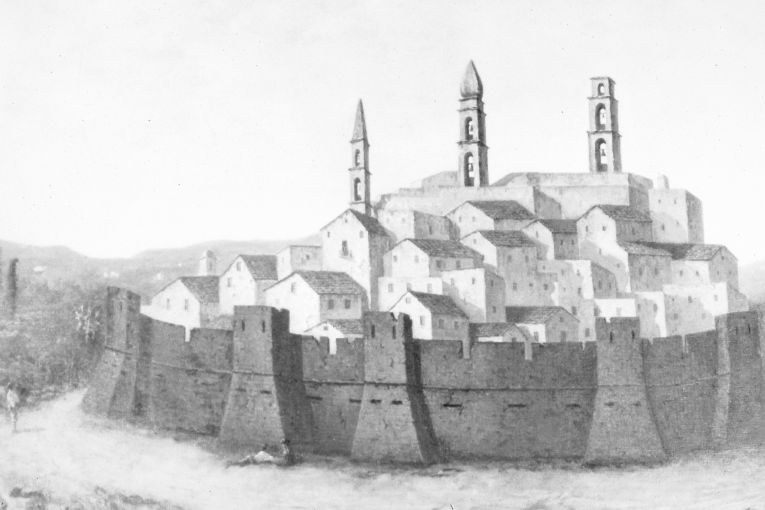 Scena di paesaggio con città murata (dipinto) - ambito Italia meridionale (sec. XIX)