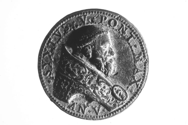 Ritratto di Sisto V papa/ ponte (medaglia) - bottega romana (sec. XVI)