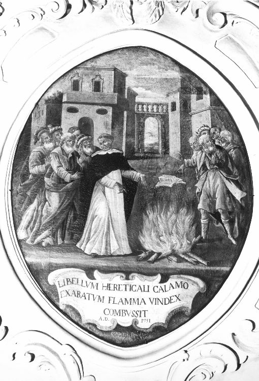 San Domenico di Guzman fa eseguire la prova del fuoco (dipinto) di Conversi Donato Paolo (sec. XVIII)