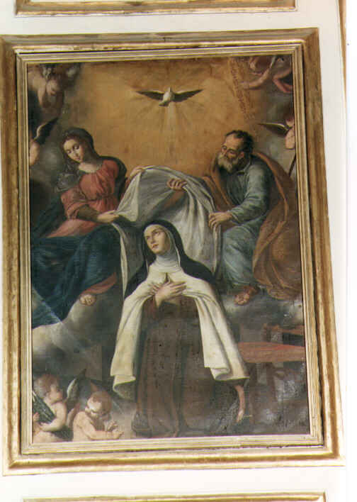 Santa Teresa d'Avila riceve la collana e il mantello dalla Madonna e San Giuseppe (dipinto) - ambito salentino (ultimo quarto sec. XVIII)