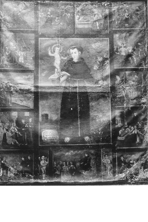 Sant'Antonio da Padova con episodi della vita del Santo (dipinto) di Papagiorgio Giovanni (cerchia) (sec. XVII)