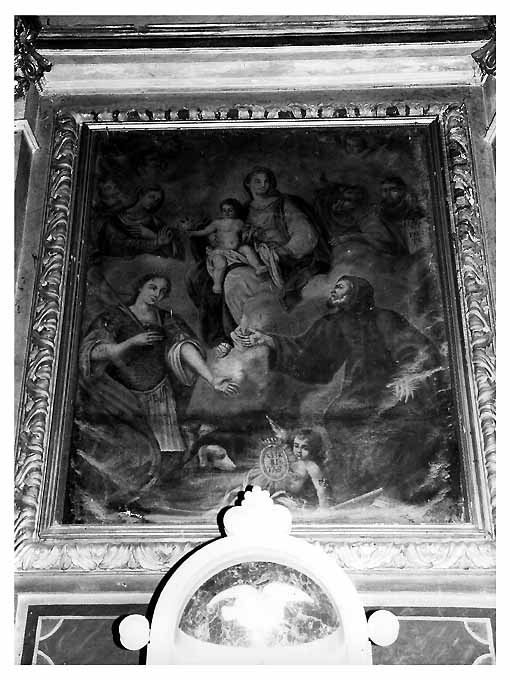 Madonna con Bambino, sant'Anna, san Gioacchino, san Giuseppe, francescano, san Vito, cani, san Francesco da Paola, angelo, cherubini (dipinto) - ambito pugliese (sec. XVIII)