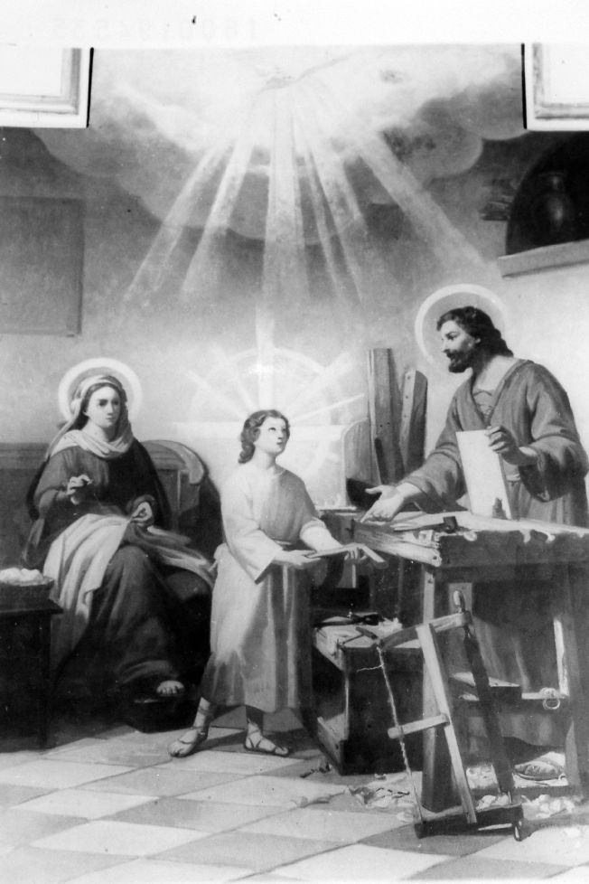 Gesù fanciullo nella bottega di San Giuseppe con la Madonna (dipinto) - ambito Italia meridionale (secc. XVIII/ XIX)