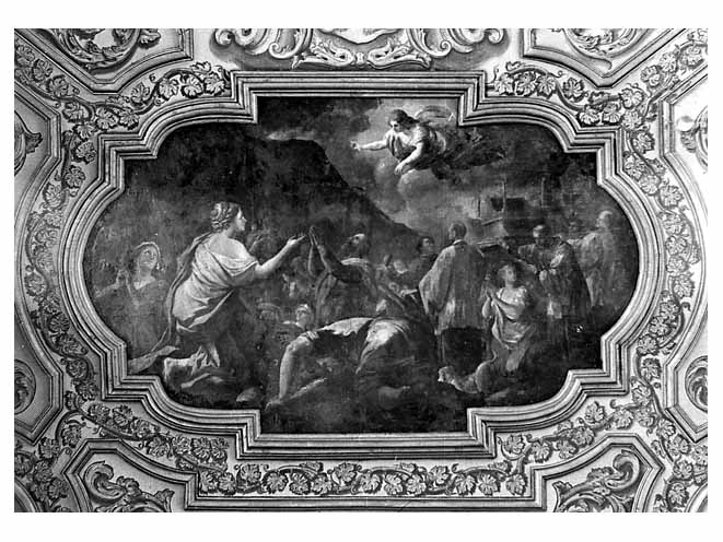 Sant'Agata con il velo protegge Catania dall'eruzione dell'Etna (dipinto) di Malinconico Nicola (sec. XVIII)