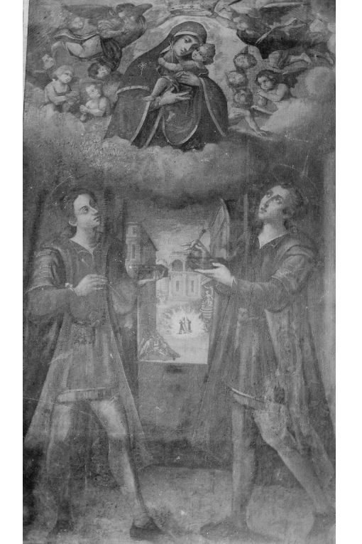 Madonna in gloria tra i Santi Cosma e Damiano (dipinto) - ambito Italia meridionale (sec. XVII)