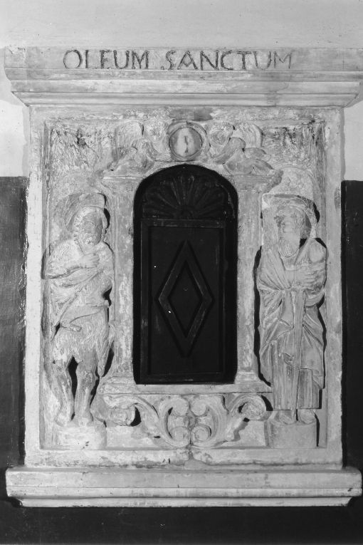 San Giovanni Battista, san Paolo e angeli reggimedaglione (armadietto per oli santi, opera isolata) - ambito pugliese (seconda metà sec. XVI)