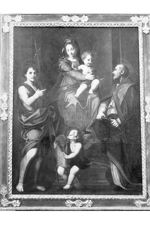 Madonna con Bambino, San Giovanni Battista e Santo Vescovo (dipinto, opera isolata) di Rosa Carlo (bottega) (sec. XVII)