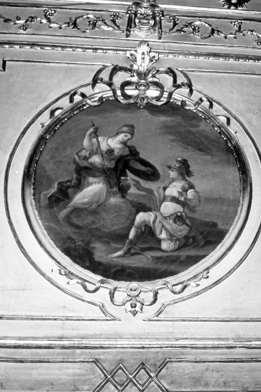 Figura maschile inginocchiata davanti a figura femminile armata (dipinto) di D'Arminio Aniello (attribuito) (ultimo quarto sec. XVIII)