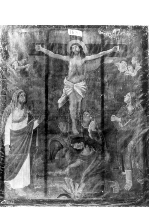 crocifissione di Cristo con la Madonna e San Giovanni Evangelista (dipinto) - produzione pugliese (seconda metà sec. XVII)