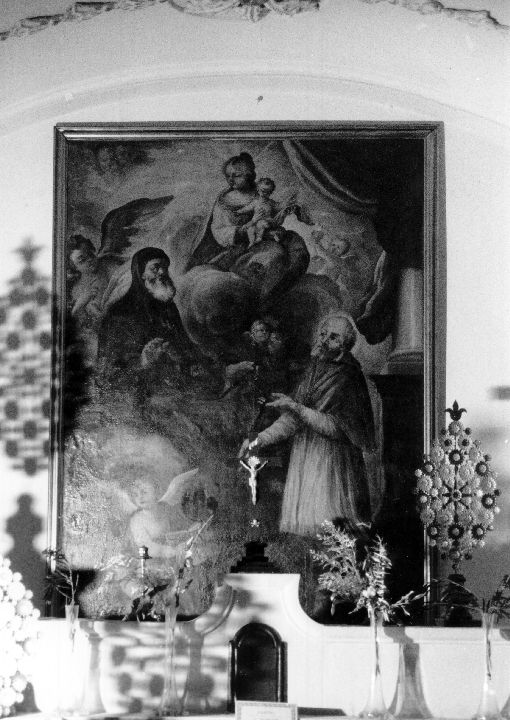 Madonna con Bambino, san Francesco di Paola, santo non id., angioletto, cherubini (dipinto) - produzione pugliese (ultimo quarto sec. XVIII)