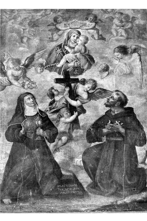 Madonna del Carmelo tra santa Chiara e san Francesco (dipinto) di Vinacci Giovanni Battista (sec. XVIII)
