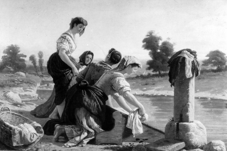 Lavandaie al fiume (dipinto, opera isolata) - ambito napoletano (seconda metà sec. XIX)