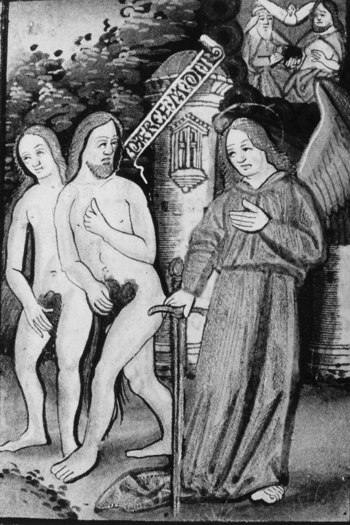 cacciata di Adamo ed Eva dal paradiso terrestre (miniatura) - ambito francese (sec. XVI)