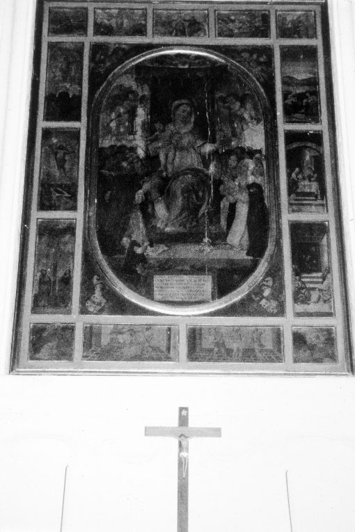 Madonna del Rosario, Madonna con Bambino con san Domenico, santa Caterina, committente (Fabio Bottunis), angioletti (dipinto) - ambito Italia meridionale (sec. XVI)
