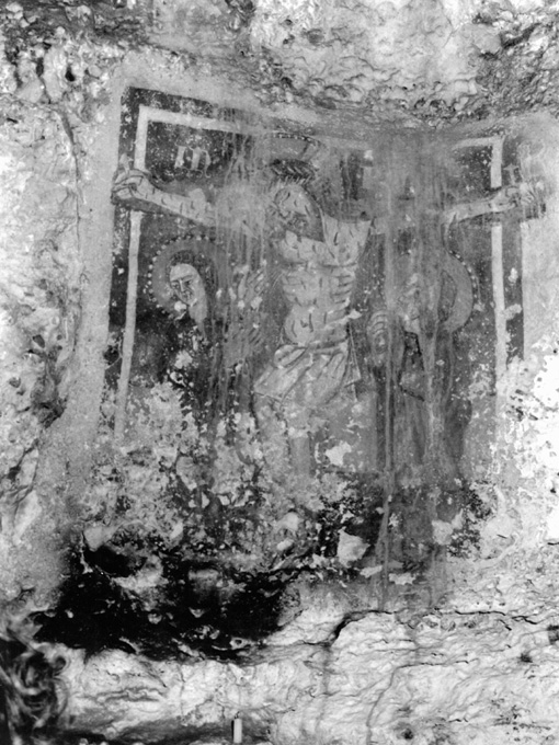 crocifissione di Cristo con la Madonna e San Giovanni Evangelista (dipinto) - produzione salentina (seconda metà sec. XV)