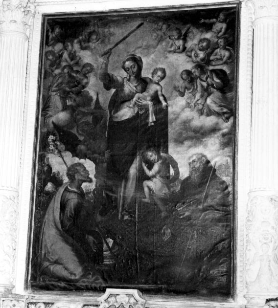 Madonna del Soccorso, Madonna con Bambino, San Giuseppe, San Francesco da Paola, Lucifero (dipinto) di Bordone Andrea (sec. XVI)