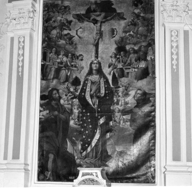 Immacolata Concezione, Madonna Immacolata tra San Giovanni Battista, San Francesco d'Assisi, committenti, Cristo e angeli (dipinto) - ambito napoletano (sec. XVI)